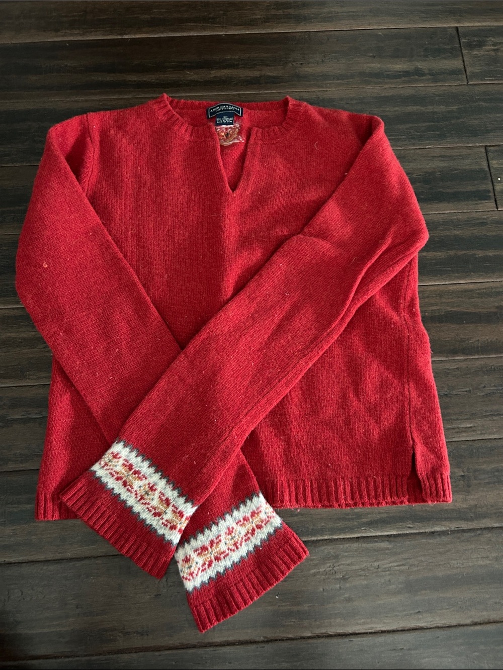 American Eagle Outfitters Red Crewneck Sweater with Fair Isle Cuffs